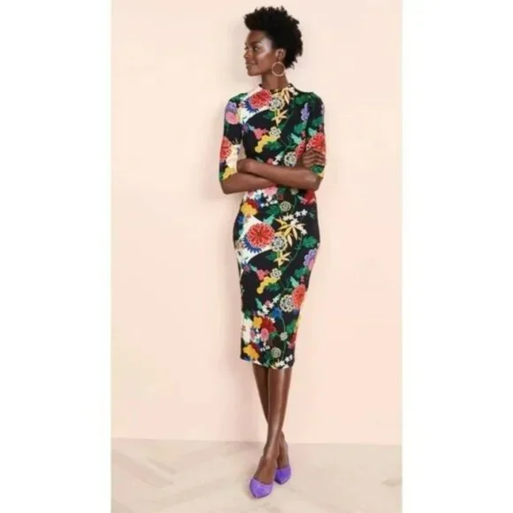 Alice + Olivia Delora Mock Neck Fitted Dress Valley Lake Floral Black.  SZ 8 - Picture 2 of 7